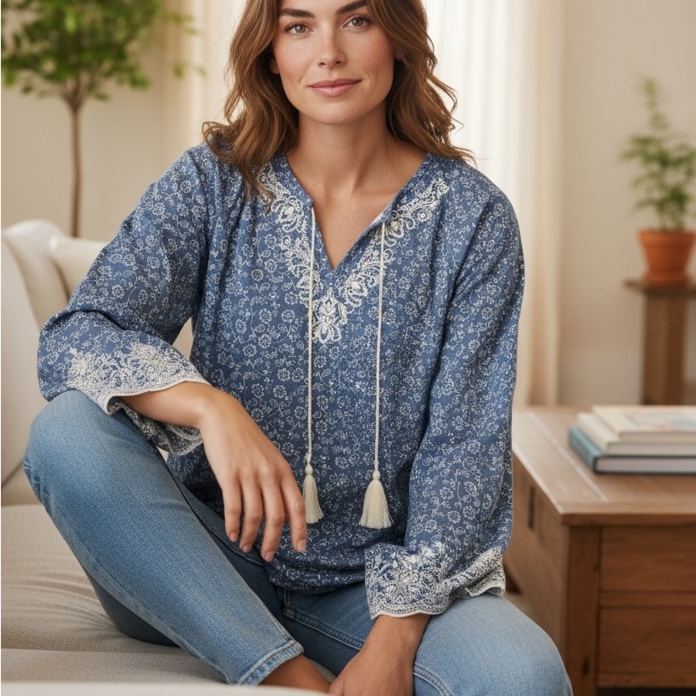 Knox Rose Women’s Embroidered Bohemian Floral Top Women's Size XL, Blue, Tunic